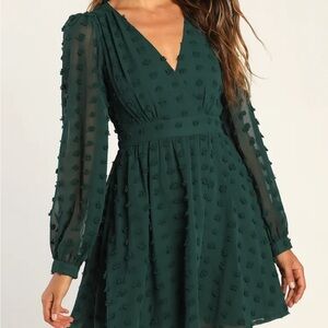 Lulu's Forest Green Pom Dot V-Neck Long Sleeve Dress